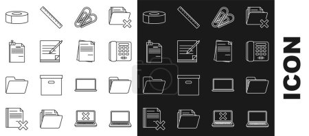 Ilustración de Establecer línea Laptop, carpeta de documentos, teléfono, clip de papel, cuaderno en blanco y pluma, carpeta de documentos de archivo, escocés e icono. Vector - Imagen libre de derechos