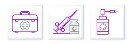 Ilustración de Set line Botella médica con spray de boquilla, botiquín de primeros auxilios y aguja de jeringa e ícono del vial o ampolla. Vector - Imagen libre de derechos