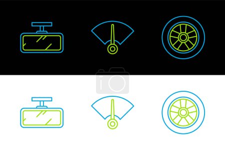 Téléchargez les illustrations : Set line Miroir de roue de voiture et icône du compteur de vitesse. Vecteur. - en licence libre de droit