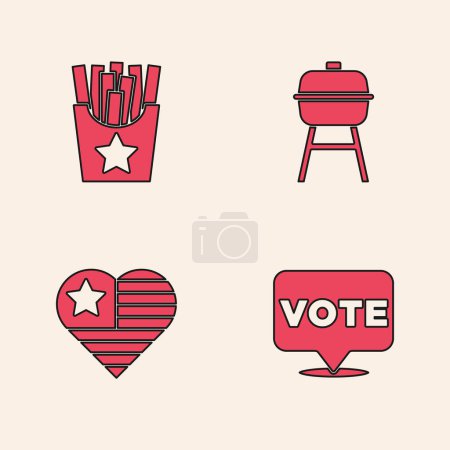 Ilustración de Set Vote, Papas fritas en caja, Parrilla para barbacoa e icono del Día de la Independencia de Estados Unidos. Vector. - Imagen libre de derechos
