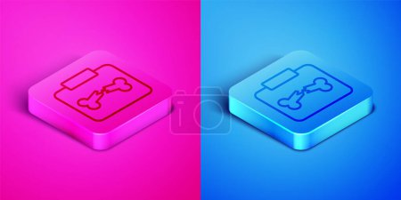 Illustration for Isometric line X-ray shots with broken bone icon isolated on pink and blue background. Square button. Vector. - Royalty Free Image