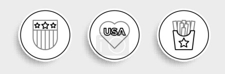 Ilustración de Establecer línea Patatas papas fritas en caja Escudo con estrellas y EE.UU. icono del día de la independencia. Vector. - Imagen libre de derechos