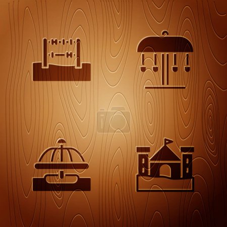 Ilustración de Set Castillo de arena, ábaco, carrusel de atracción y sobre fondo de madera. Vector. - Imagen libre de derechos