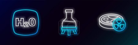 Illustration for Set line Test tube with toxic liquid, Chemical formula H2O and  icon. Glowing neon. Vector - Royalty Free Image