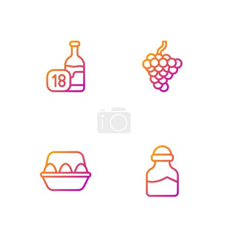 Illustration for Set line Spice in can, Chicken egg box, Wine bottle and Grape fruit. Gradient color icons. Vector - Royalty Free Image