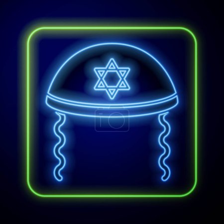 Téléchargez les illustrations : Lumineux néon kippah juif avec étoile de David et icône de side-ocks isolé sur fond bleu. Chapeau yarmulke juif. Vecteur. - en licence libre de droit