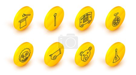 Illustration for Set line Balalaika, Bear head, Cannon, Clown, Unicycle or one wheel bicycle, Circus wagon, Magic wand and hat icon. Vector - Royalty Free Image