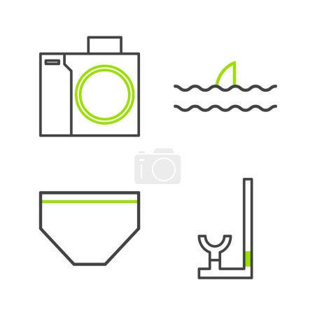 Ilustración de Set line Snorkel, Troncos de natación, Aleta de tiburón ola oceánica y cámara fotográfica para el icono del buzo. Vector - Imagen libre de derechos