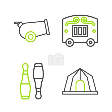 Illustration for Set line Circus tent, Bowling pin, wagon and Cannon icon. Vector - Royalty Free Image