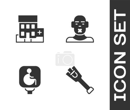 Illustration for Set Prosthesis leg, Medical hospital building, Disabled wheelchair and Head of deaf and dumb icon. Vector - Royalty Free Image
