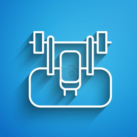 Illustration for White line Bench with barbel icon isolated on blue background. Gym equipment. Bodybuilding, powerlifting, fitness concept. Long shadow. Vector. - Royalty Free Image