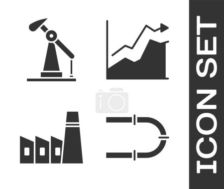 Illustration for Set Industry pipe, Oil pump or pump jack, Oil industrial factory building and Oil price increase icon. Vector. - Royalty Free Image