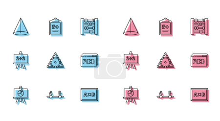 Illustration for Set line XYZ Coordinate system, Test exam sheet, Graph, schedule, chart, diagram, Calculation, Chalkboard, Geometric figure Pentagonal prism, Calculator and Mathematics function sine icon. Vector - Royalty Free Image