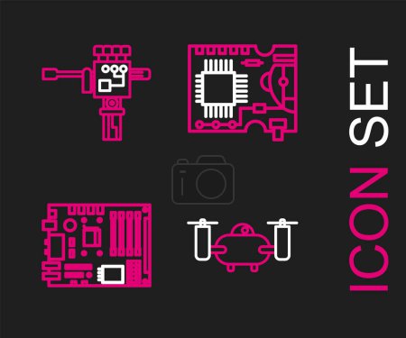 Illustration for Set line Drone flying with action camera, Electronic computer components motherboard digital chip, Printed circuit PCB and Mechanical robot hand and screwdriver icon. Vector - Royalty Free Image