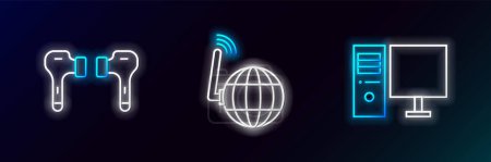 Ilustración de Establecer línea Monitor de ordenador, Auriculares de aire e icono de red social. Brillante neón. Vector - Imagen libre de derechos