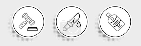 Illustration for Set line Whiskey bottle, Judge gavel and Bloody knife icon. Vector - Royalty Free Image