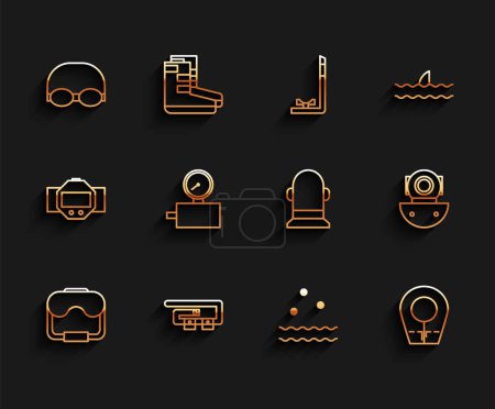 Illustration for Set line Diving mask, belt, Glasses and cap for swimming, Cold waves, hood, Gauge scale, Aqualung and Buoy icon. Vector - Royalty Free Image
