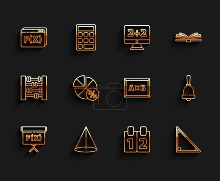 Illustration for Set line Geometric figure Cube, Graph, schedule, chart, diagram, Pentagonal prism, Mathematics function cosine, Calendar, Equation solution, Test or exam sheet and Calculation icon. Vector - Royalty Free Image