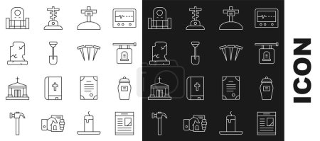 Illustration for Set line Obituaries, Funeral urn, Signboard tombstone, Grave with cross, Shovel, Old grave,  and Metallic nails icon. Vector - Royalty Free Image