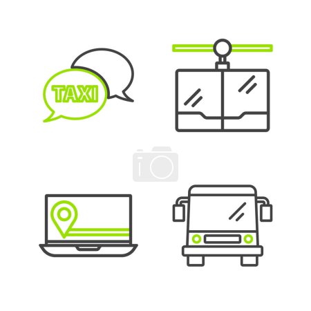 Illustration for Set line Bus Laptop with location marker Cable car and Taxi call telephone service icon. Vector. - Royalty Free Image