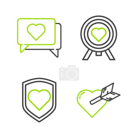 Ilustración de Set line Amour con corazón y flecha Escudo del corazón en el centro de los dardos objetivo y Like icono. Vector. - Imagen libre de derechos