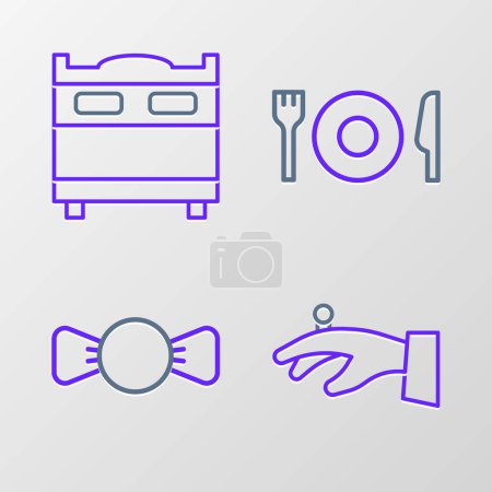 Illustration for Set line Wedding rings on hand, Bow tie, Plate, fork knife and Bedroom icon. Vector - Royalty Free Image