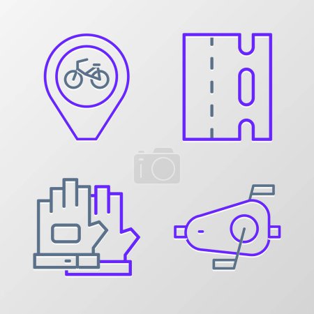 Téléchargez les illustrations : Set line Pédales de vélo, gants, voie et emplacement avec icône de vélo. Vecteur - en licence libre de droit