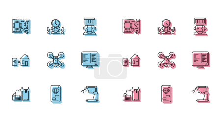 Illustration for Set line 3D printer, Industrial machine robotic robot arm hand factory, Drone flying with action camera, Computer monitor screen, Smart home and Robot digital time manager icon. Vector - Royalty Free Image