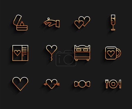 Illustration for Set line Heart, Amour with heart and arrow, Wedding rings, Bow tie, Plate, fork knife, Balloon form of, Coffee cup and Bedroom icon. Vector - Royalty Free Image
