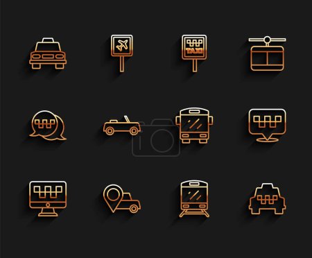 Illustration for Set line Computer call taxi service, Location with, Taxi car, Train, Car,  and Bus icon. Vector - Royalty Free Image
