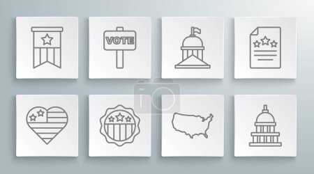 Illustration for Set line USA Independence day, Vote, map, White House, Declaration of independence and American flag icon. Vector - Royalty Free Image
