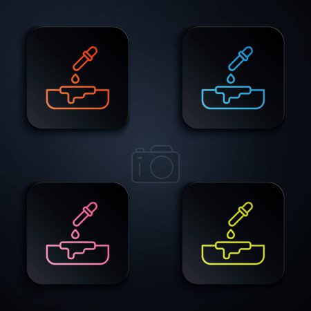 Illustration for Color neon line Petri dish with pipette icon isolated on black background. Set icons in square buttons. Vector. - Royalty Free Image
