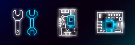 Illustration for Set line Printed circuit board PCB, Spanner and Electronic computer components motherboard digital chip icon. Glowing neon. Vector - Royalty Free Image