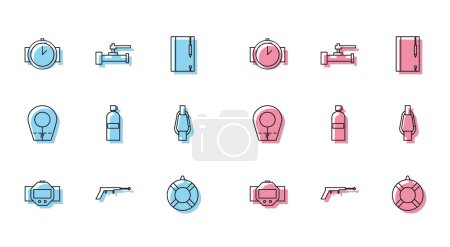 Illustration for Set line Diving watch, Fishing harpoon, Lifebuoy, Aqualung, Carabiner, hood and Industry metallic pipes and valve icon. Vector - Royalty Free Image