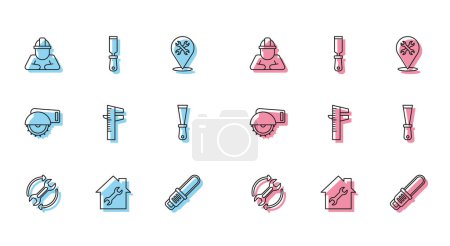 Illustration for Set line Wrench and arrows as workflow, House repair, Builder, Chainsaw, Calliper caliper scale, Putty knife, Electric circular and Rasp metal file icon. Vector - Royalty Free Image