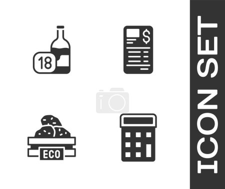 Illustration for Set Calculator, Wine bottle, Wooden box for fruits and Paper financial check icon. Vector. - Royalty Free Image