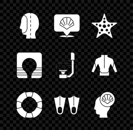 Illustration for Set Diving hood, Scallop sea shell, Starfish, Lifebuoy, Rubber flippers, jacket and Snorkel icon. Vector - Royalty Free Image