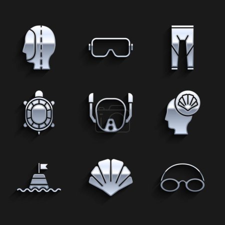 Illustration for Set Diving mask, Scallop sea shell, Glasses and cap, Floating buoy on the, Turtle, Wetsuit and hood icon. Vector - Royalty Free Image