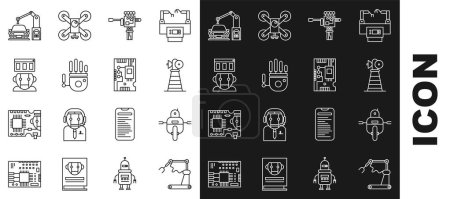 Illustration for Set line Industrial machine robotic robot arm hand factory, Robot, Antenna, Mechanical screwdriver,  and Electronic computer components motherboard digital chip icon. Vector - Royalty Free Image
