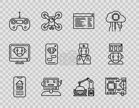 Illustration for Set line Smart home, Printed circuit board PCB, Software, web developer programming code, Robot, Remote control, Bot, Industrial machine robotic robot arm hand and  icon. Vector - Royalty Free Image