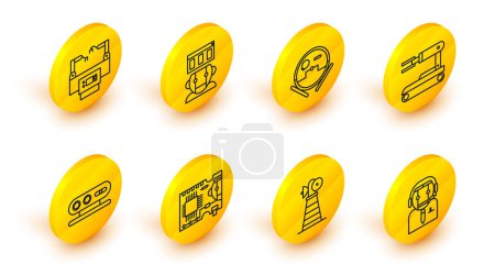Illustration for Set line Worker robot, Antenna, Printed circuit board PCB, 3d scanning system, Robot, vacuum cleaner,  and Assembly line icon. Vector - Royalty Free Image