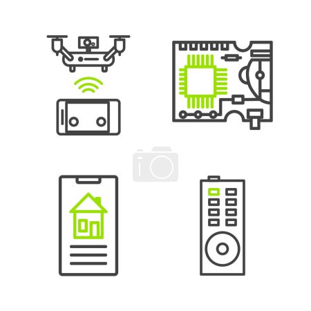 Illustration for Set line Remote control, Smart home, Printed circuit board PCB and aerial drone icon. Vector - Royalty Free Image
