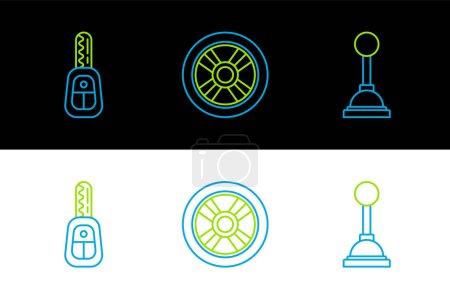 Ilustración de Set line Cambiador de marchas Llave del coche con icono de control remoto y rueda. Vector. - Imagen libre de derechos
