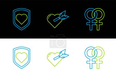 Ilustración de Set line Símbolo de género femenino, Corazón con escudo e icono de corazón y flecha de Amour. Vector - Imagen libre de derechos