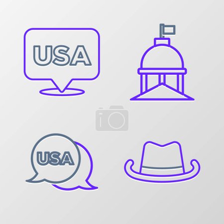 Illustration for Set line Western cowboy hat, USA Independence day, White House and  icon. Vector - Royalty Free Image