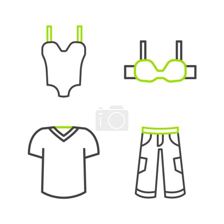 Illustration for Set line Pants, T-shirt, Bra and Swimsuit icon. Vector - Royalty Free Image