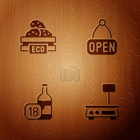 Illustration for Set Electronic scales, Wooden box for fruits, Wine bottle and Hanging sign with Open on wooden background. Vector - Royalty Free Image