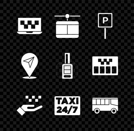 Illustration for Set Laptop call taxi service, Cable car, Parking, Hand with, Location, Bus,  and Car key remote icon. Vector - Royalty Free Image