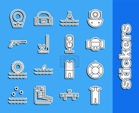 Illustration for Set line Wetsuit for scuba diving, Lifebuoy, Diving watch, Floating on the sea, Snorkel, Fishing harpoon, hood and Gauge scale icon. Vector - Royalty Free Image