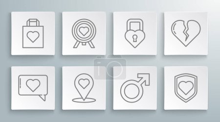 Illustration for Set line Like and heart, Heart in the center of darts target aim, Map pointer with, Male gender symbol, shield, Castle shape, Broken or divorce and Shopping bag icon. Vector - Royalty Free Image